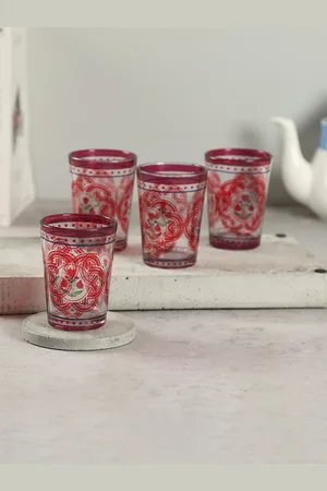 Krsnaa Mehta Rosebud Bloom 4 Pcs Red Printed Chai Glass 140 ml Each