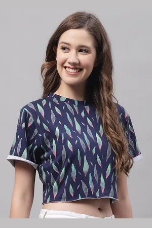 DOOR74 Women Printed Cotton Crop T-shirt