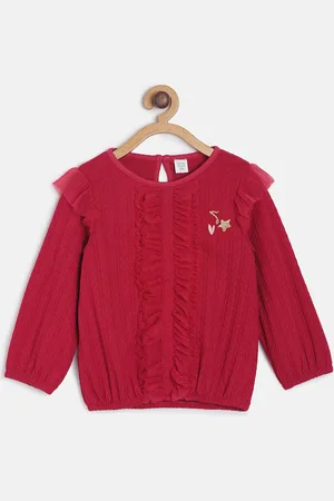 MINI KLUB Girls Red Self Design Cardigan Sweater