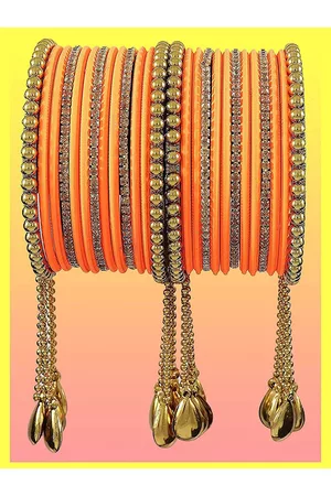 NMII 26 Pcs Zircon Gemstone Studded Chain & Latkan Work Antique Bangles