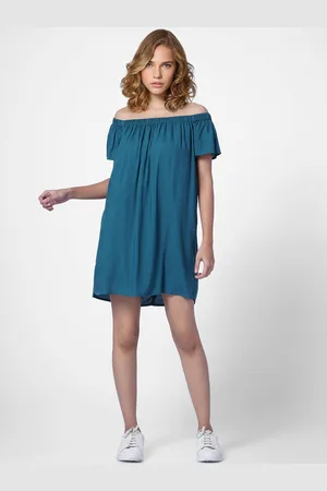 ONLY Women Teal Blue Off-Shoulder A-Line Dress