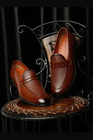 MUTAQINOTI Men Brown Patent Leather Penny Loafers