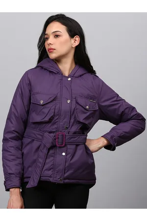 Campus Women Purple Windcheater Longline Hooded Bomber Jacket With Belt