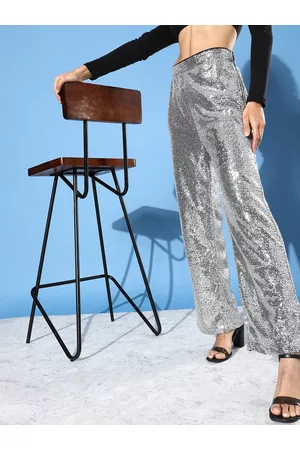 Moda Rapido Women Silver-Toned Embellished Party Lity Metallic Sheen Velvet Trousers