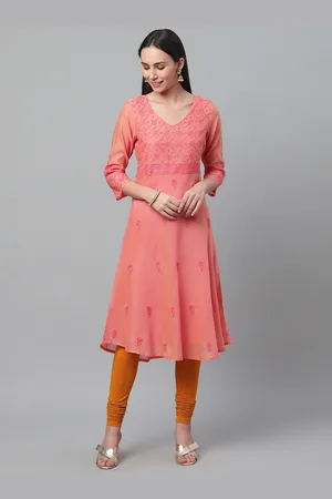 akheri Women Peach-Coloured Chikankari Embroidered Chanderi Anarkali Kurta