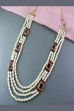I Jewels Men White & Maroon Gold-Plated Dulha Moti Necklace