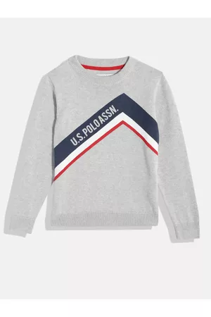 Ralph Lauren Boys Grey & Navy Blue Brand Logo Print Pure Cotton Pullover