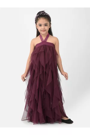 Eavan Girls Burgundy Embellished Halter Neck Net Maxi Dress