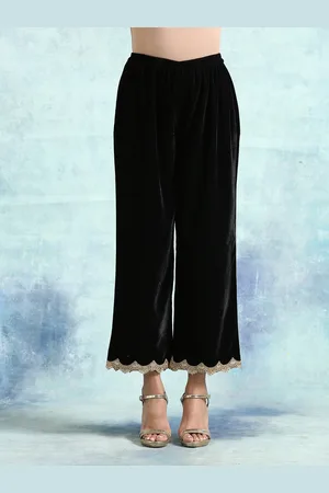 trueBrowns Women Black Straight Fit Velvet Lace Trouser