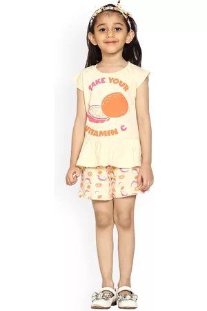 KiddoPanti Girls Printed Cotton Top with Shorts Set