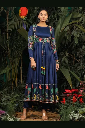 Baise Gaba Floral Printed Pleated Satin Kurta with Trousers & With Dupatta