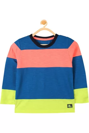 Cherry Crumble Boys Blue & Yellow Colourblocked Round Neck T-shirt