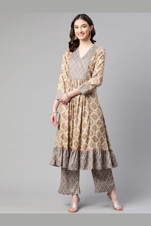 Cottinfab Women Beige Floral Printed Panelled Beads and Stones Kurta with Trousers