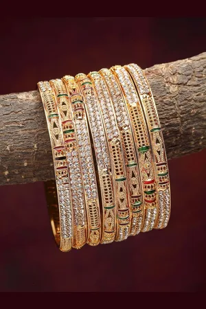Zeneme Set Of 8 Gold-Plated & Crystal Studded Bangles