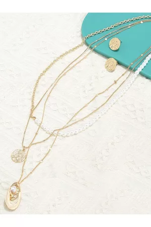 Ami Women Gold-Plated Beaded Multi Layered Necklace and Earrings