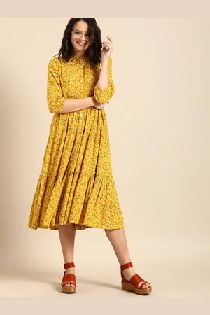 DressBerry Women Mustard Yellow Floral Print A-Line Midi Dress