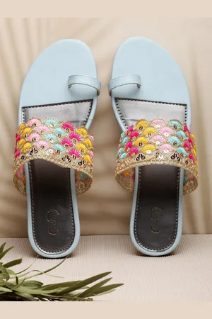 PANAHI Women Turquoise Blue Embellished Ethnic One Toe Flats