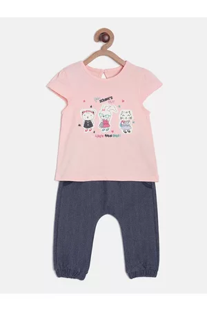 MINI KLUB Girls Pink & Navy Blue Printed Top with Pyjamas