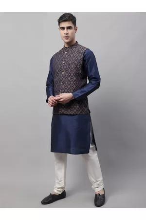Jompers Men Solid Dupion Silk Long sleeves Kurta & Churidar With Woven Design Nehru Jacket