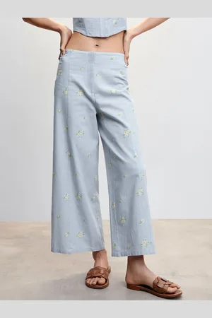 MANGO Women Floral Embroidered Flared Culottes