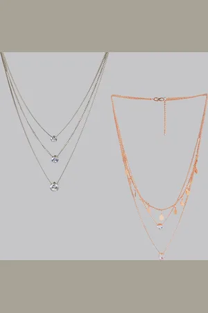 Kord Store Set of 2 Rhodium-Plated CZ-Studded 3 Layered Pendant With Chain