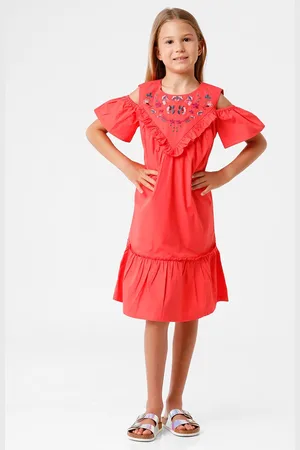 KATE & OSCAR Girls Cold-Shoulder Sleeves Ruffled Cotton Drop-Waist Dress