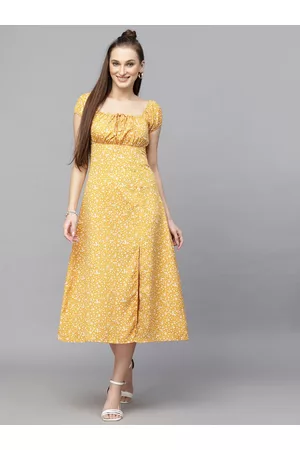 Aayu Floral Printed Tie-Up Neck Gathered Front Slit Empire Midi Dress