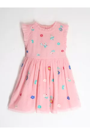 Cherry Crumble Girls Floral Embroidered Flutter Sleeves Cotton Fit & Flare Dress