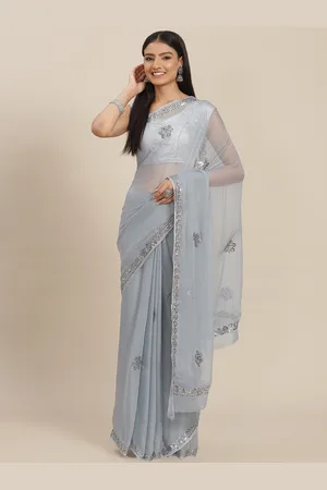 ZARI Grey Floral Sequinned Pure Chiffon Saree
