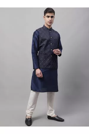 Jompers Men Solid Dupion Silk Long sleeves Kurta & Churidar With Woven Design Nehru Jacket