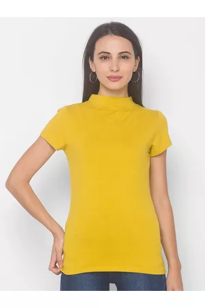 Globus Women Mustard Yellow V-Neck Pockets T-shirt