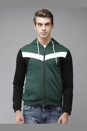 Park Avenue Men Green & White Colourblocked Hooded Sweatshirt