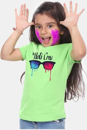 BONKIDS Girls Green Holi Crew Printed T-shirt