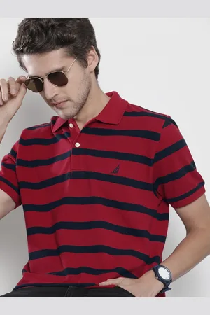Nautica Men Red & Black Striped Polo Collar Pure Cotton T-shirt