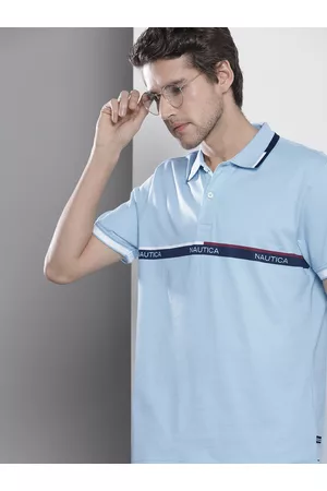 Nautica Men Blue Brand Logo Striped Polo Collar Pure Cotton T-shirt