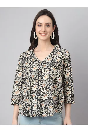 Janasya Floral Printed Shirt Style Cotton Top
