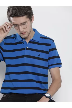 Nautica Men Blue & Black Striped Polo Collar Pure Cotton T-shirt