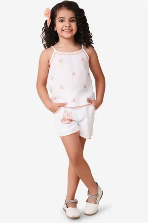 Fabindia Girls Embroidered Shoulder Straps Pure Cotton Top with Shorts