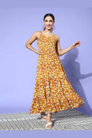 Ishin Mustard Floral Printed Smocked Tiered Maxi Fit & Flare Dress