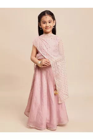 Ahalyaa Girls Pink & Gold-Toned Printed Ready to Wear Lehenga & Blouse With Dupatta