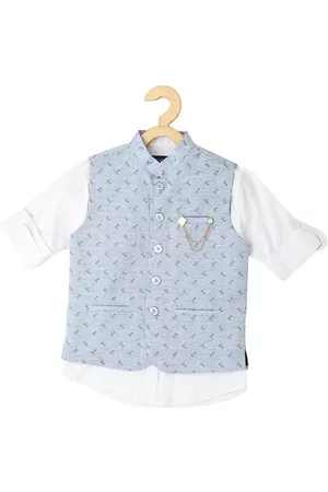 CAVIO Boys Printed Partywear Nehru Jacket With Shirt & Brooch