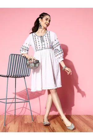 Indo Era Floral Embroidered Pure Cotton Ethnic Schiffli A-Line Ethnic Dress