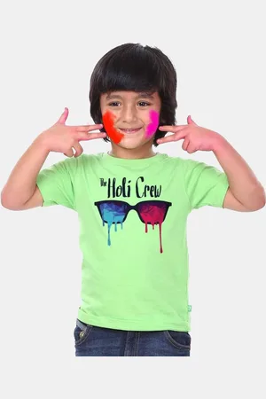 BONKIDS Boys Green Printed Holi T-shirt