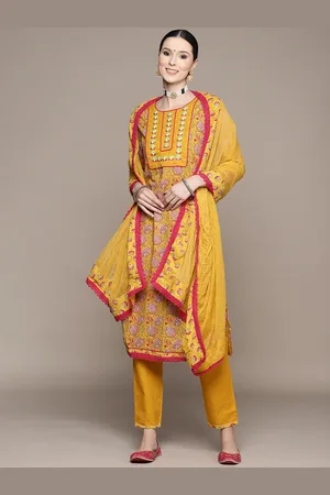 Ishin Women Mustard Floral Printed Pure Cotton Kurta With Trousers & Dupatta