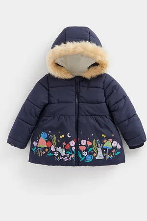 Mothercare Girls Graphic Print Faux Fur Lined Hooded Padded Jacket