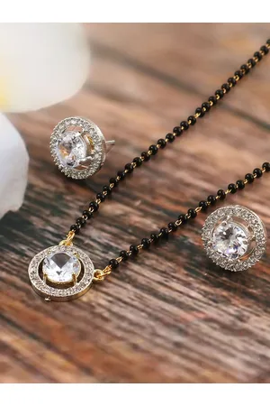 Jewar Mandi Silver Gold-Plated CZ-Studded & Beaded Mangalsutra with Earrings