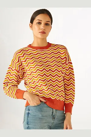 COVER STORY Women Rust & Yellow Striped Crop Pullover