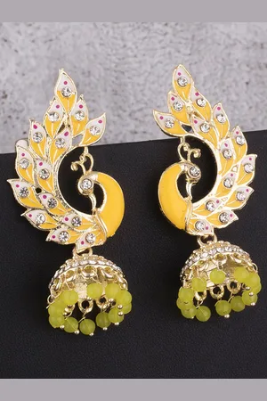 Alamod Gold-Plated Peacock Shaped American Diamond Studded Jhumkas