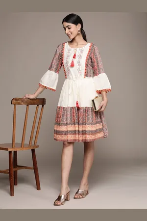 Ishin Floral Embroidered Tie-Up Neck Cotton A-Line Dress