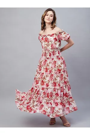 Rare Fashion Floral Printed Off-Shoulder Tiered Smocked Maxi Dress